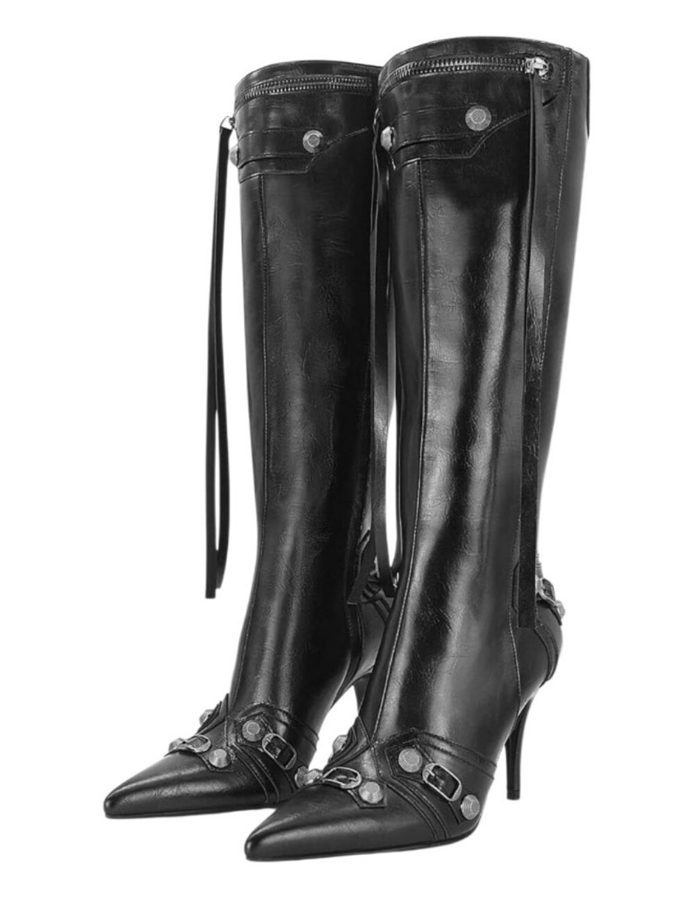 Black Pointed-Toe Knee-High Stiletto Boots